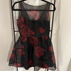 Ann Taylor Black Sheer Mini Dress with Red Rose Print